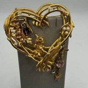 Kirk’s Folly Gold Tone Heart Cherub Brooch Pin Rhinestone Dangle Vintage